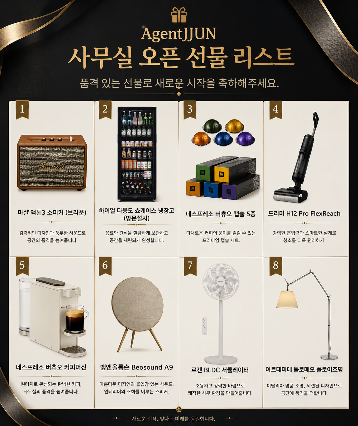 AgentJJUN 사무실 오픈 선물 리스트: 1. 마샬 액톤3 소피커(브라운) 선착순 1명, 2. 하이얼 다용도 쇼케이스 냉장고(방문설치) 선착순 5명 공동구입, 3. 네스프레소 버츄오 캡슐 5종, 4. 드리미 H12 Pro FlexReach 선착순 1명, 5. 네스프레소 버츄오 커피머신 선착순 1명, 6. 뱅앤올룹슨 Beosound A9 선착순 55명 공동구입, 7. 르젠 BLDC 서큘레이터 선착순 1명, 8. 아르테미데 톨로메오 플로어조명 선착순 15명 공동구입